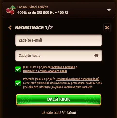 Registrační rozhraní Westace s volbou welcome nabídky a informací 18+