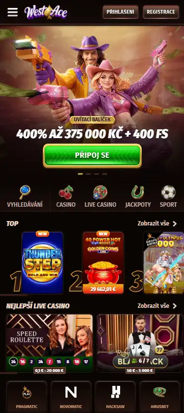Mobilní rozhraní Westace s viditelnou navigací v prohlížeči