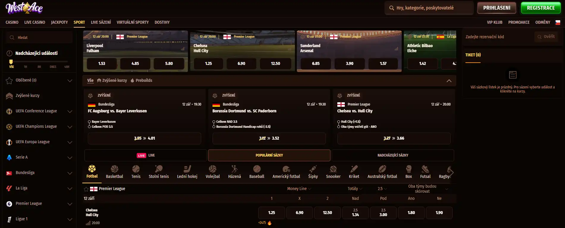 Rozhraní Westace sportsbooku s hlavními sportovními kategoriemi