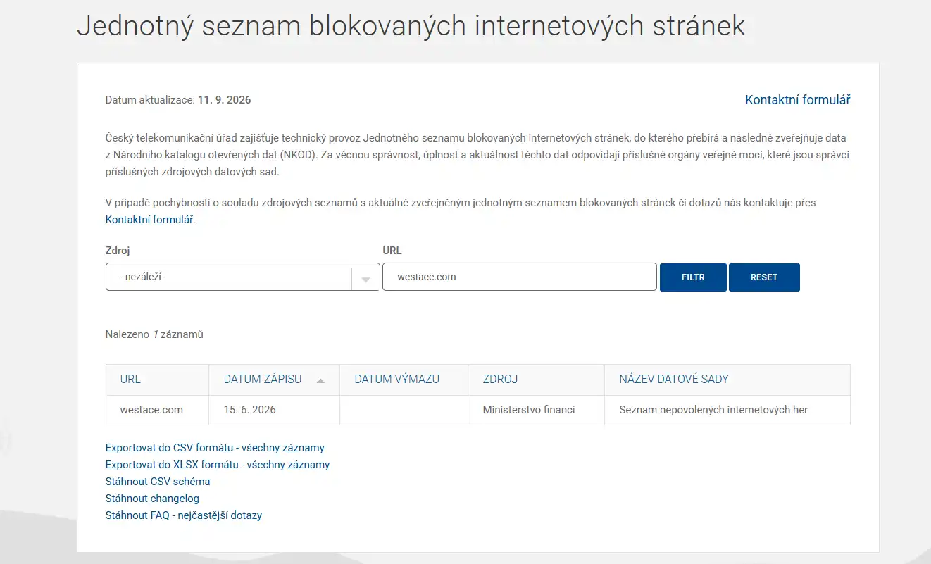 Záznam westace.com v české databázi blokovaných internetových stránek s datem 15. 6. 2026